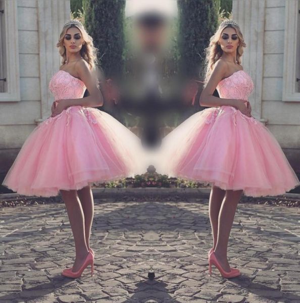 

gorgeous pink strapless short prom dresses lace up appliques beads evening gowns tulle knee length homecoming party dress formal w7014929, Black
