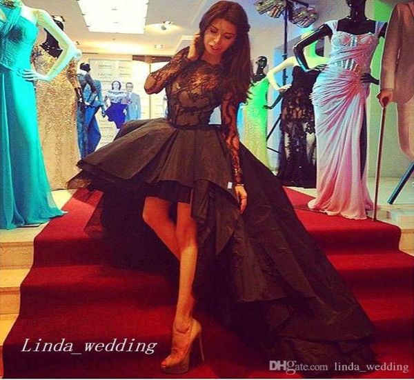 

black high low prom dress long sleeves lace evening party gown plus size vestidos de festa3863371