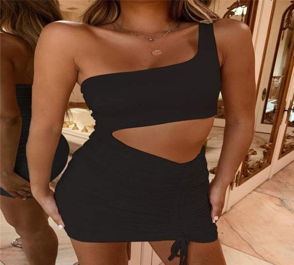 

hollow out one shoulder bodycon dress drawstring ruched mini dresses party hip wrap skirts women clothes will and sandy clothing3601336, White;black