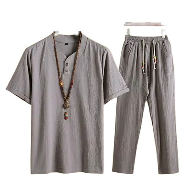 

mens tracksuits cotton linen loose short sleeved pants for middleaged and elderly fathers in summer mens clothing 230718, Gray
