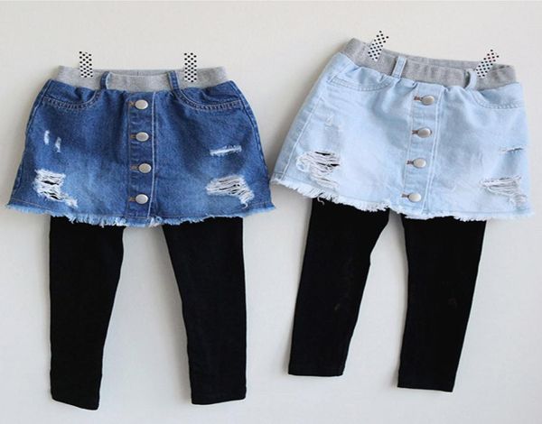 

retail girls denim skirts leggings fake two sweatpants trousers tights kids designer sweat pants children boutique clothing4356065, Blue