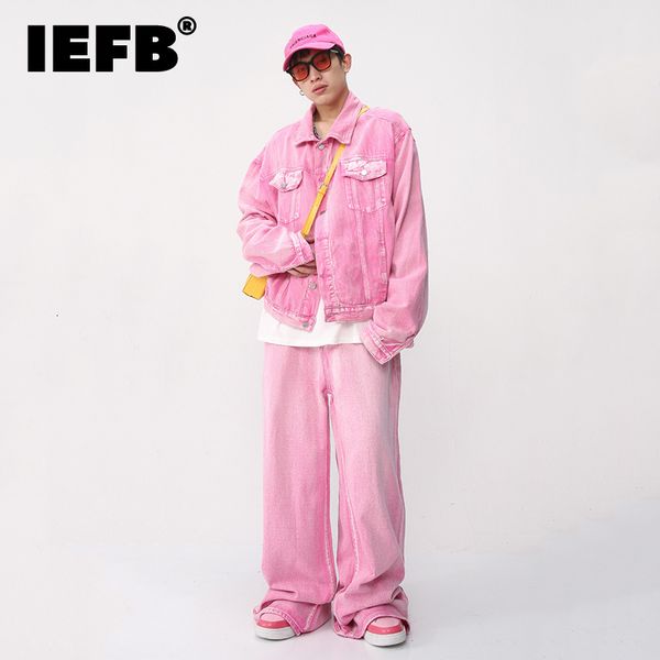 

men s hoodies sweatshirts iefb trendy korean male pink color set solid lapel denim jacket coat wide leg straight jeans casual two piece 9a85, Black