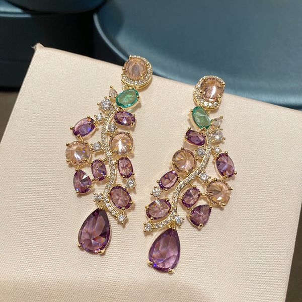 

dangle chandelier european american luxury purple crystal earrings pear cut long drop women wedding bridesmaid gift with cubic zirconia jewe, Silver