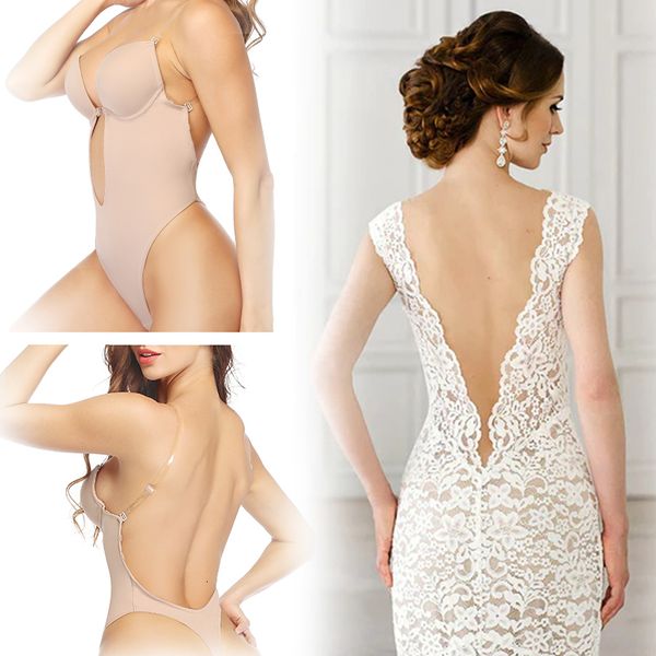 

women's shapers deep v neck backless body shaper bra bodysuit thong shapewear women nude black invisible tummy control underwear weddin, Black;white