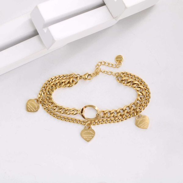 

titanium steel korean version 18k gold t-shirt printed heart-shaped thick and thin chain splicing flexible fashionable double-layer bracelet, Black