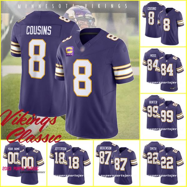

minnesotas 8 kirk cousins vikings classic 2023 purple football jerseys justin jefferson t.j. hockenson harrison smith danielle hunter randy, Black;red