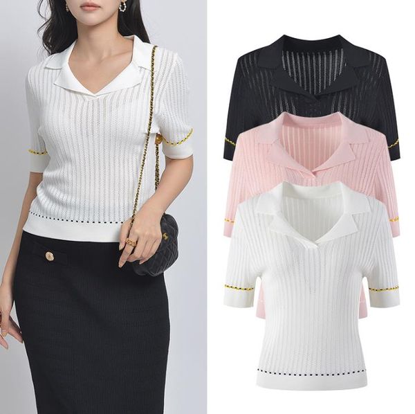 

713 2023 runway spring brand same style sweater striped long sleeve lapel neck white pink black pullover fashion clothes womens yl, White;black
