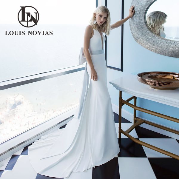 

mermaid wedding dress 2023 deep v-neckline backless bow wedding gown satin stretch dress for bride vestidos de novia, White