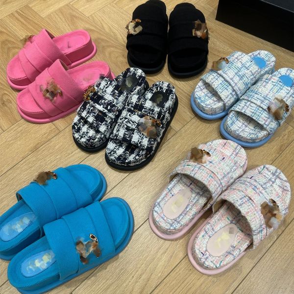 

designer slides slippers plaid tweed lambskin leather platform 6.5cm c diamond buckle sandals slide slip on flats fashion beach mule brand f, Black