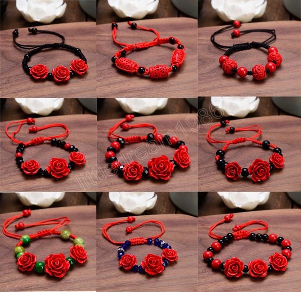 

charm red rose bracelet for women handmade lacquer carved cinnabar flower adjustable rope beaded bracelet ethnic accessories3243369, Golden;silver