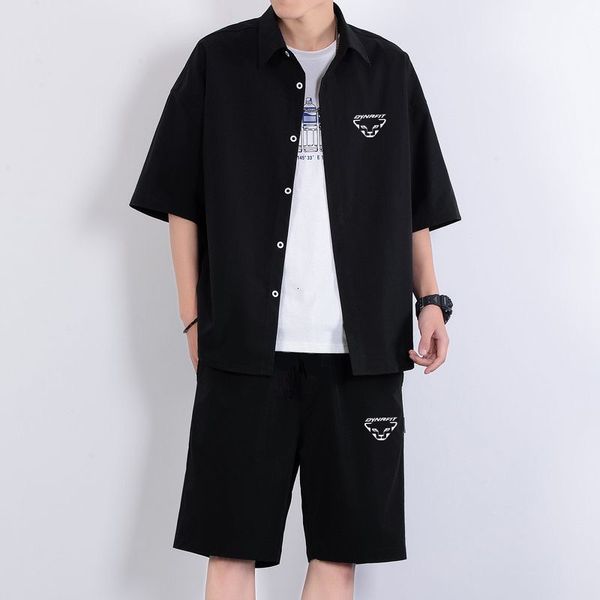 

men s tracksuits dynrfit set shirt shorts summer sports short sleeve printed cotton casual fashion cardigan mock neck t shirt 230718, Gray