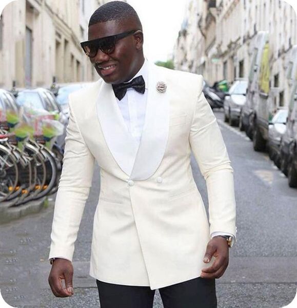 

double breasted ivory groom wear man suits wedding tuxedo white shawl lapel slim fit groomsmen suit pants 2piece costume mariage h5767159, Black;gray