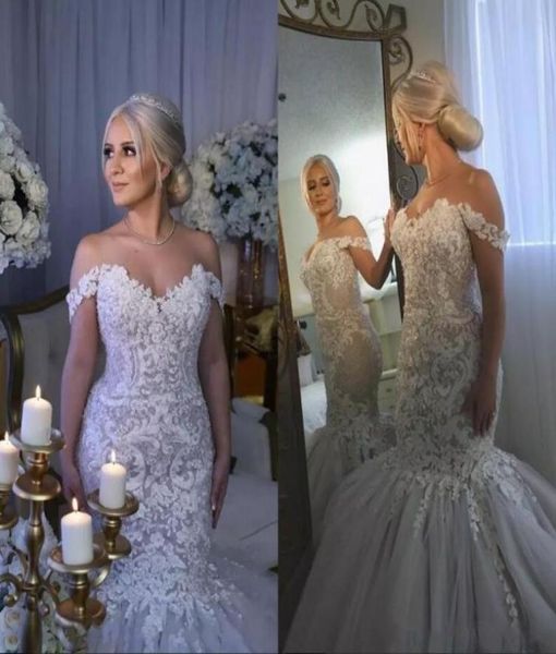 

country off the shoulder mermaid wedding dresses new lace appliques crystal bridal gowns tulle beach vintage wedding wear1110562, White