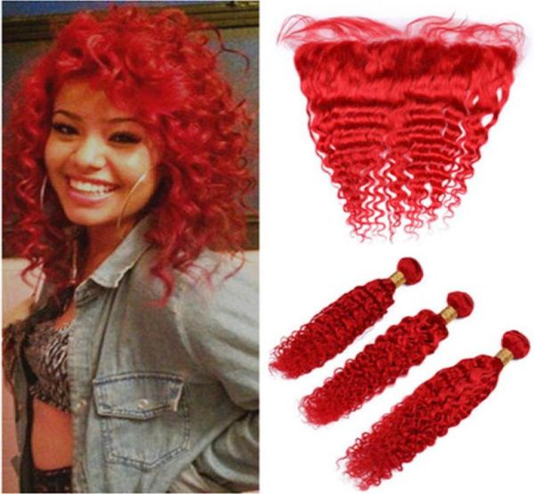 

peruvian human hair pure red deep wave bundles 3pcs with 13x4 frontal closure 4pcs lot red colored wavy hair weaves with lace fron8274222, Black