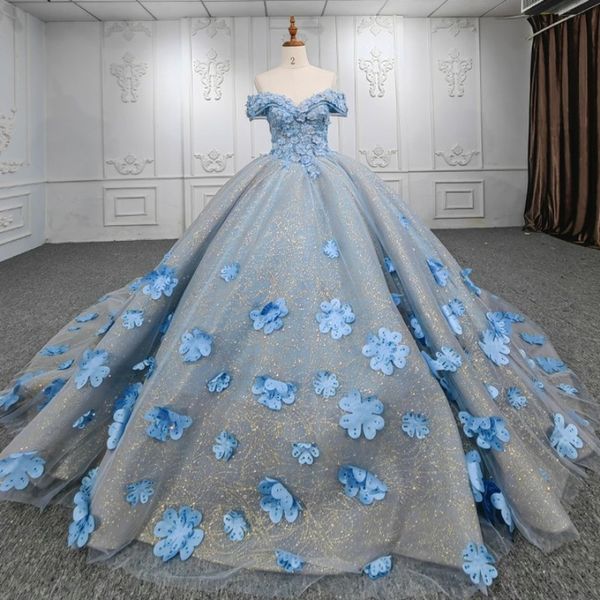 

luxury sky blue shiny quinceanera dresses 2023 ball gown appliques 3d flower long 15 year girls birthday corset party dress, Blue;red