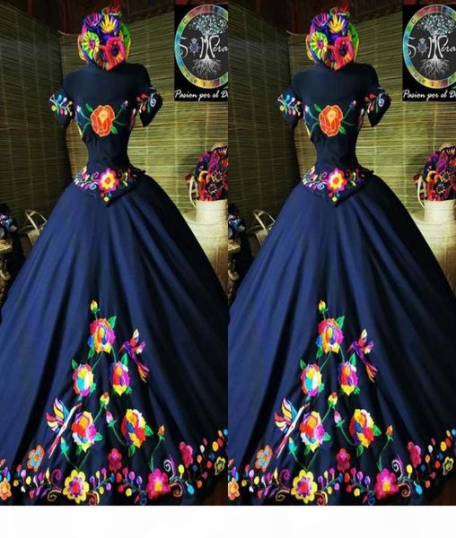 

2021 fashion charro mexico quinceanera dresses navy blue embroidered off the shoulder satin corset back sweet 15 girls prom dress 7422320, Blue;red