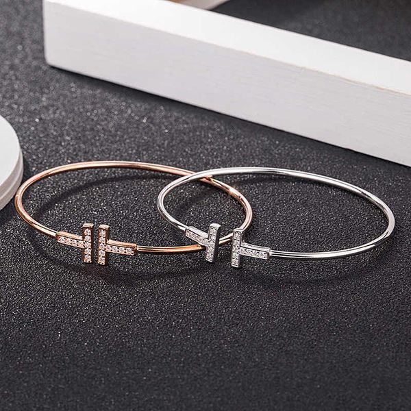 

r 925 sterling silver double-t open-ended bracelet letter net red the same tiffay diamond plated with 18k rose gold jewelry, Black