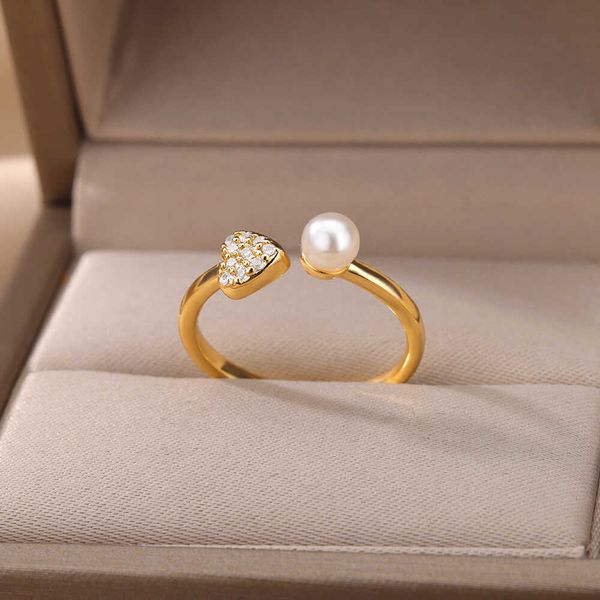 

band rings zircon heart rings for women stainless steel gold color imitation pearl adjustable finger ring wedding jewerly gift r230822, Silver