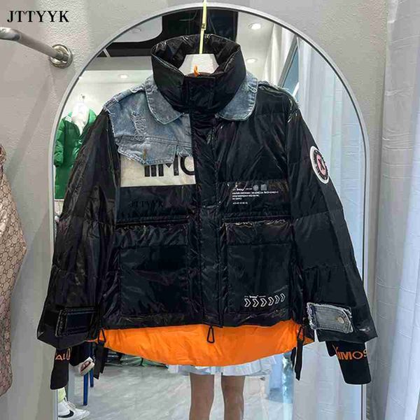 

women's down parkas women parka new fashion shiny denim stitching down jacket winter stand collar ladies warm jacket long sleeve casual, Black