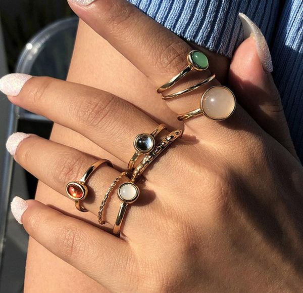 

fashion resin custer rings 8pcsset for women pink blue gold silver plated alloy finger ring jewelry party accessories5384930, Golden;silver