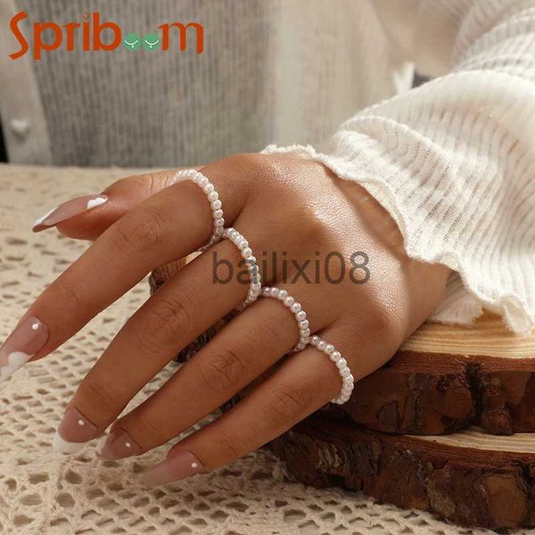 

band rings 2/3/4pcs imitation pearls rings set for women boho red blue beaded knuckle ring star moon pendant open vintage jewelry aesthetic, Silver