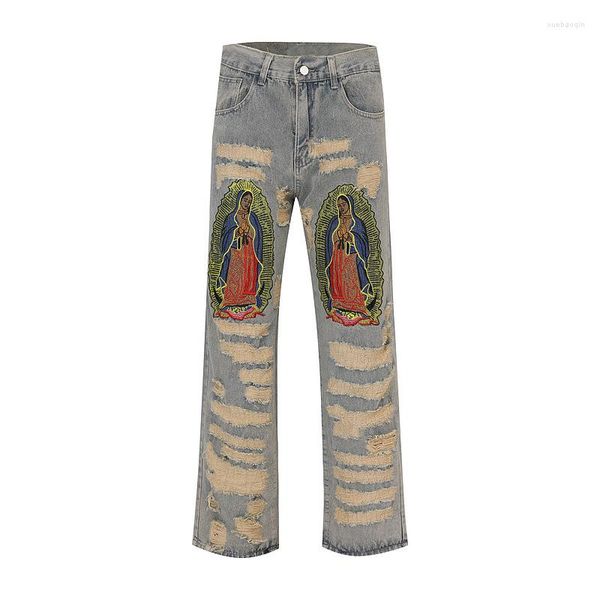 

men's high street fashion contrast patch embroidery damaged men straight loose casual denim pants, Blue