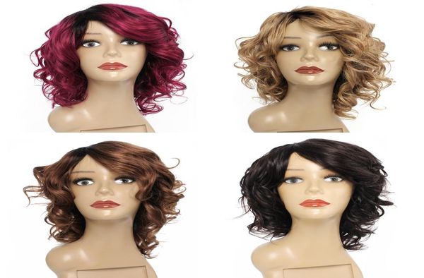 

ombre color machine made short wig natural color honey blonde medium brown bungundy loose wave brazilian indian nonremy human hai1195522, Black;brown