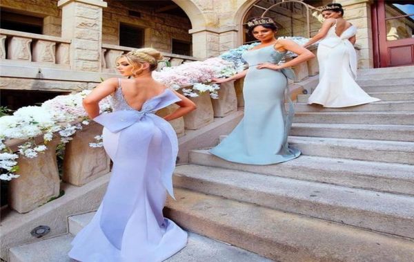 

2019 new mermaid long bridesmaid dresses backless spaghetti straps with big bow sash prom wedding guest dresses evening gowns1564618, White;pink