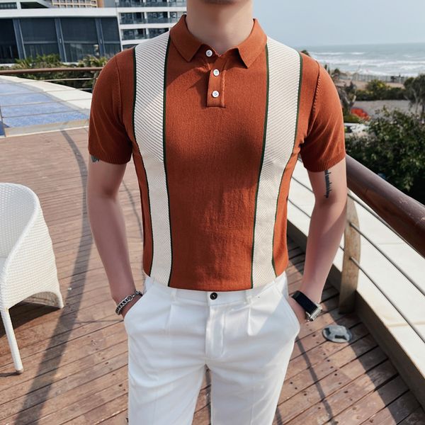 

men's polos 2023 striped ice silk polo shirt slim lapel short sleeve tee harajuku golf 230718, White;black