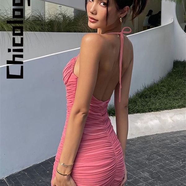 

basic casual dresses chicology women backless halter bandage ruched bodycon mini dress party festival summer clothes for business wholesale, Black;gray