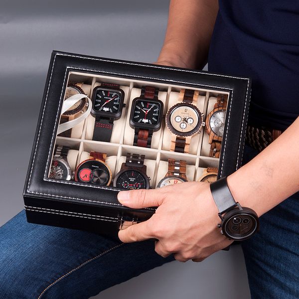 

watch boxes cases bobo bird men's watch box 6/10 grid men's watch display box leather organizer jewelry display box caja renoj 230, Black;blue