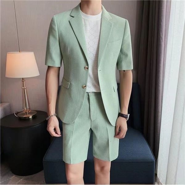 

mens tracksuits short jacket set summer thin highend korean fashion casual sleeved mens green black coffee 230718, Gray