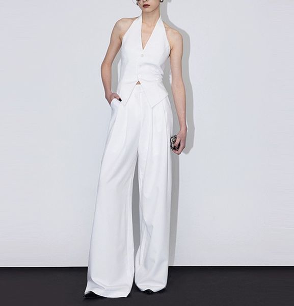 

european fashion brand hanging neck suit vest set, White