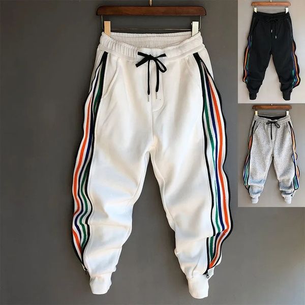 

men s pants homme fashion hip hop streetwear men striped patchwork harem korean loose fit cuffed jogger sweatpants trousers for male 230718, Black