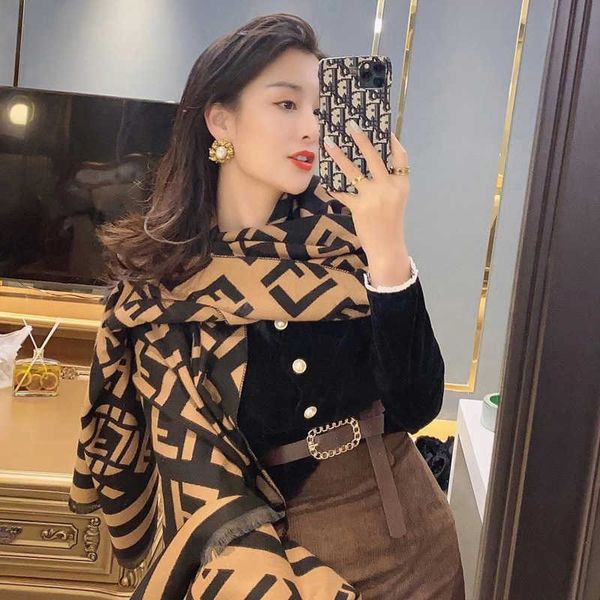 

2022 winter new style cashmere scarf f letter network red versatile long tassel shawl fashion thickened neck, Blue;gray