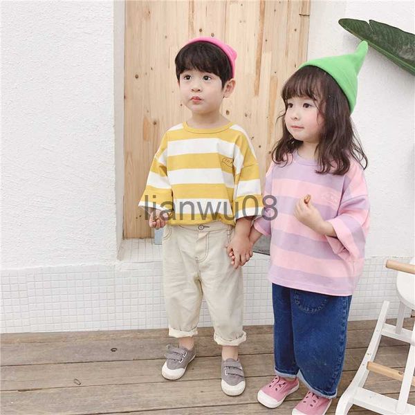 

t-shirts spring fall toddler kids striped long sleeve t shirts boys and girls cotton loose korean style tees children x0719, Blue