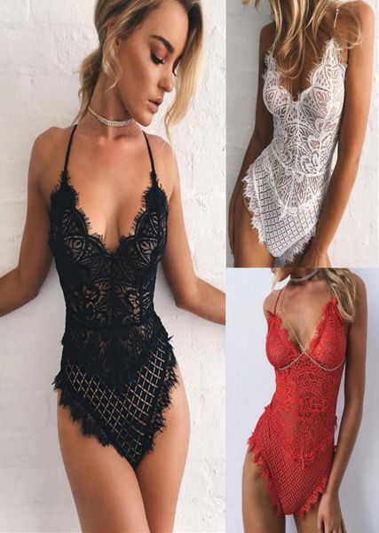 

womens stretch bodysuit sleeveless lingerie lace leotard backless jumpsuit6431348, Red;black