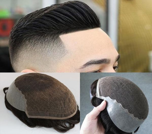 

human hair toupee for men french lace cap remy hair bleached knots men039s wigs hairpieces replacemen8497561, Black