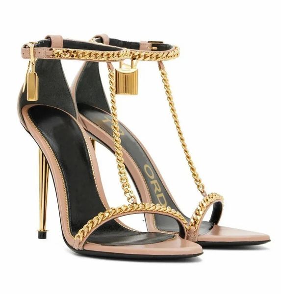 

luxury padlock pointy naked sandals shoes women lock & key metal stiletto heels gold chain link lady party wedding dress eu35-43 box, Black