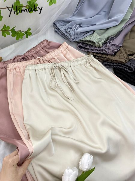 

skirts yitimoky satin for women 2023 fashion summer vintage drawstring midi skirt chic casual solid high waisted y2k 230718, Black