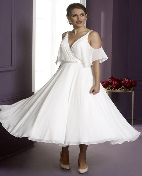 

simple chiffon a line wedding dresses deep v neck beaded sash bride gowns tea length short dress9651711, White