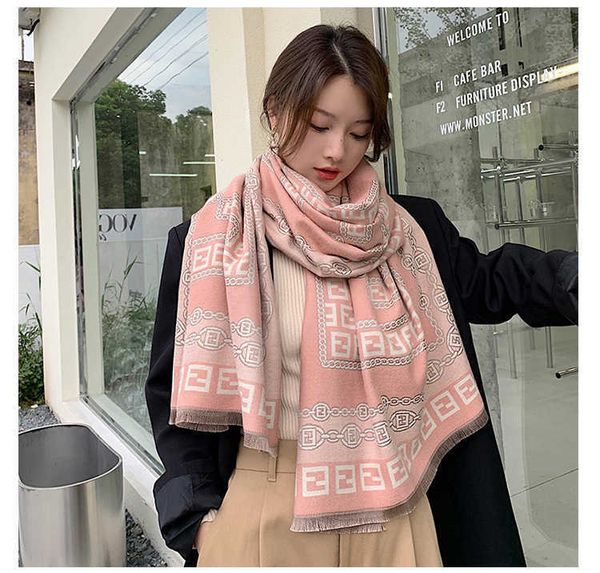 

autumn and winter new air conditioning room shawl chain letter ff thickened warm imitation cashmere tassel scarf versatile bib women, Blue;gray