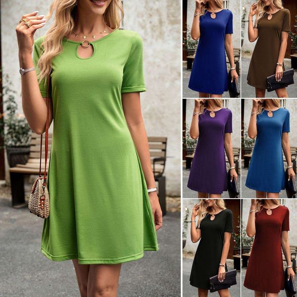 

womens summer tume casual pure color short sleeve dress, Black;gray