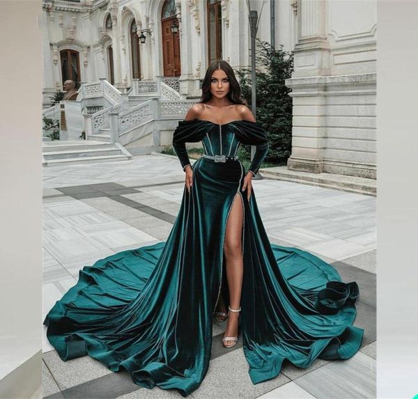 

hunter green mermaid evening dresses velvet off shoulder sash sequins long sleeves prom gown custom made formal party side split f2830069, Black;red
