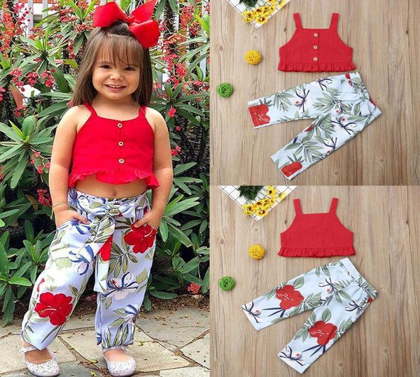 

summer toddler baby girl clothes sleeveless crop floral pants outfits set6385107, White