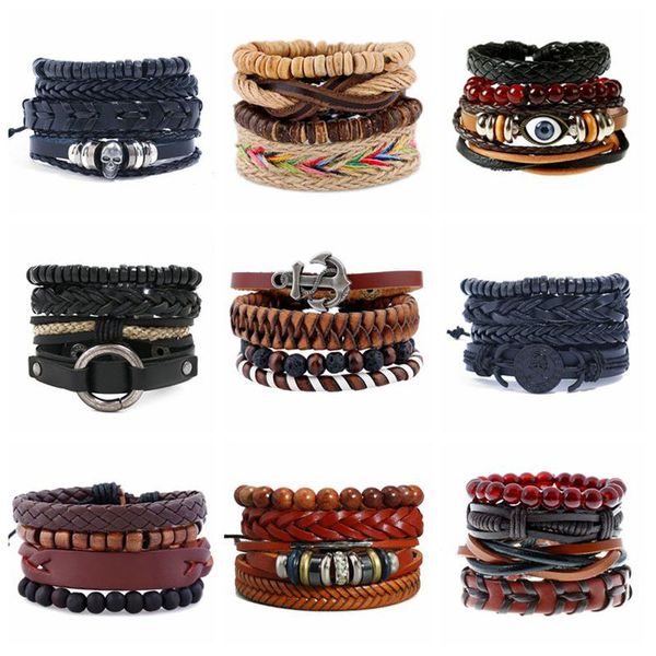 

4pcs/set trendy men's women's leather wrap beaded bracelet cuff wrap bracelet jewelry adjustable gifts stock, Black