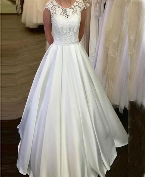 

zj9235 fashion high neck ball gown satin wedding dresses robe de mariee charming lace bodice floorlength formal bride dress plus 1417636, White