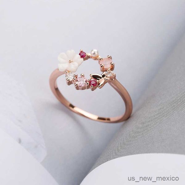 

band rings cute romantic butterfly flower wedding ring rosegold crystal zirconia stone exquisite fingure ring jewelry for women size r230719, Silver