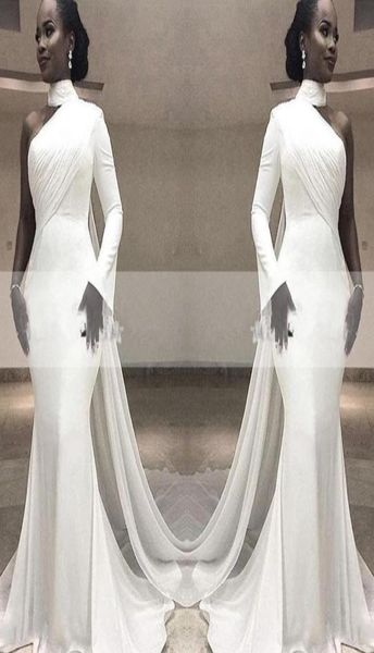

african white high neck satin mermaid evening dresses one shoulder ruched sweep train with wrap formal party red carpet prom gowns4691444, Black;red