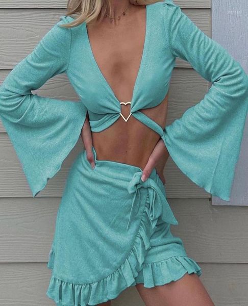 

work dresses bandage streetwear feminine longsleeved party tightfitting suit vneck flared sleeve hollow lace skirt twopiec1839538, White;black